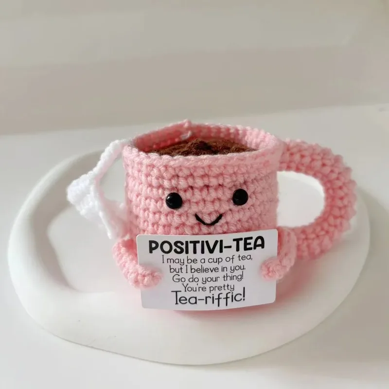 Cheerful Handmade Pink Crochet Tea Cup Doll with Motivational Card - Uplifting Desktop Ornament