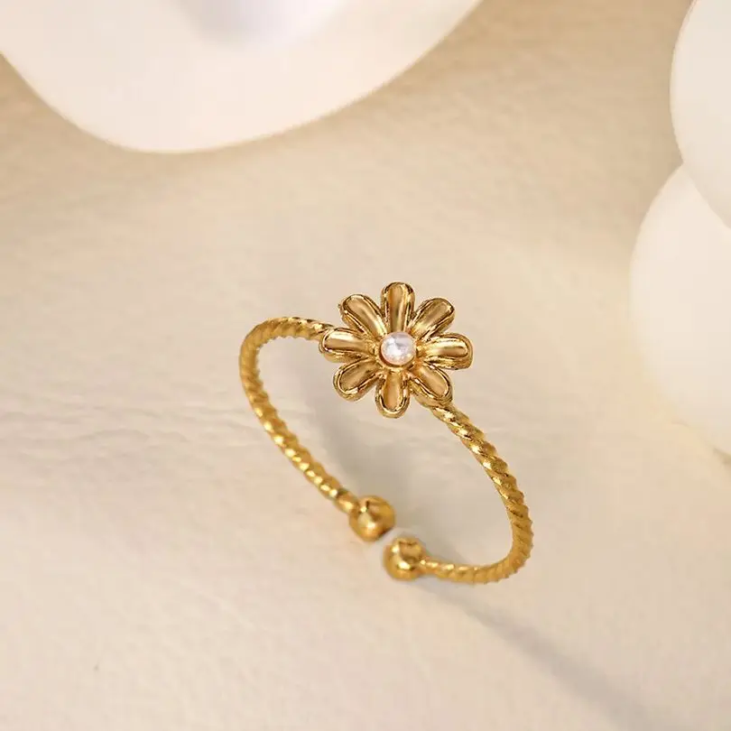 Sunflower Pearl Rings Women Gold Stainless Steel Adjustable Finger Ring