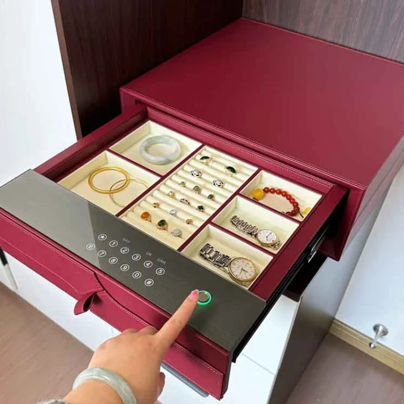 Leather smart fingerprint drawer type safe household small anti-theft all-steel wardrobe fresh natural lockable 4 layers pull out 6 drawer jewelry box type desktop arrangement storage gift giving jewelry case