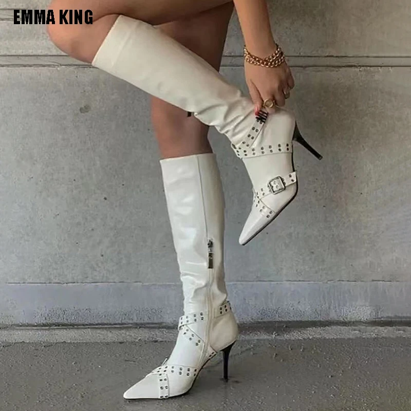

2023 Spring Women Retro Dark Belt Motorcycle Boots Pointed Toe Rivet High Heel Boots Pointed Toe Knee Boots Lady Long Boots