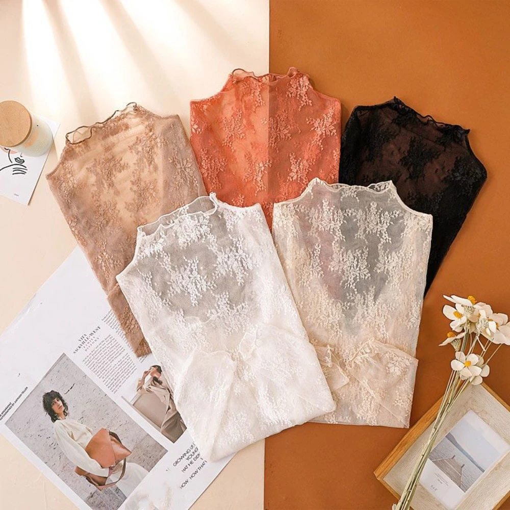 Sweet Mesh Transparent T-shirt Long Sleeve Hollow Lace Floral Shirts Sheer Tees Thin Lace Bottomed Blouse Spring Autumn
