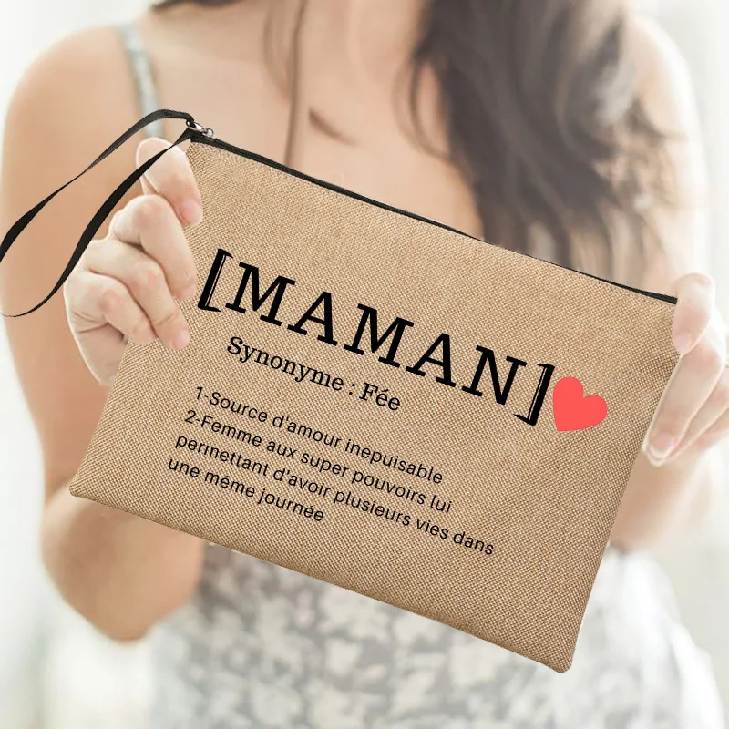 Women Cosmetic Bag Neceser Makeup Bags Maman Tata Soeur Amie Definition Print Linen Zipper Pouch Travel Toiletry Organizer Gifts 3