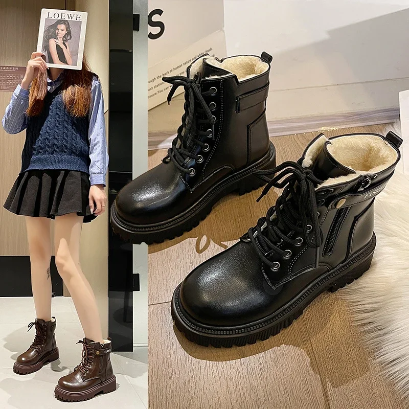

Classic Ankle Boots Female Winter Casual Lace up Warm Plush Shoes for Women Flat Mid Heels Solid Lovely Modern Boots Women Shoes