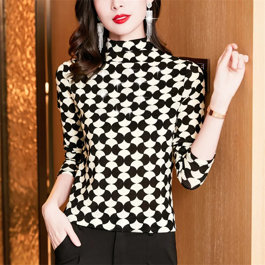 

2022 Bottoming Shirt Women Vintage Blouse Long Sleeve T-Shirt Female Autumn Winter High Neck Undershirt Tops