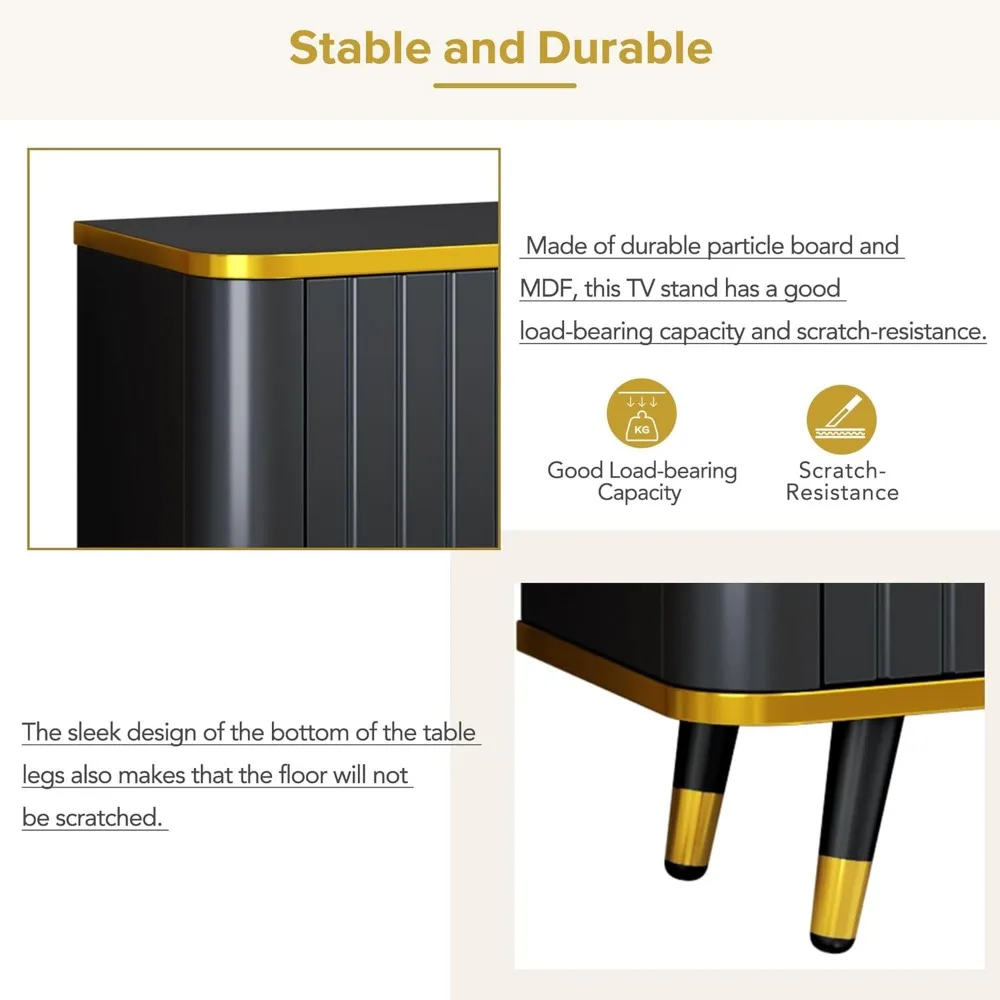 TV Stand for 85"+ TV, Entertainment Center with Storage Drawer & Cabinets & Shelves, Curved TV Console with Gold Metal Legs 4