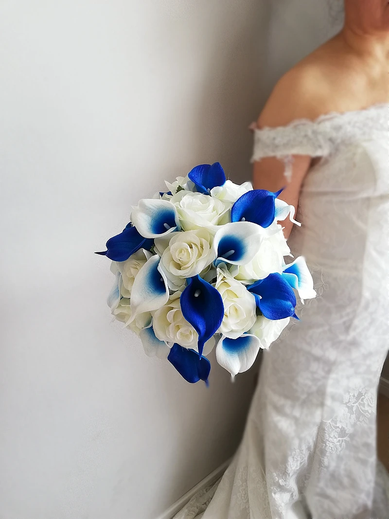 Royal Blue Calla Lilies with Ivory Rose Round Bridal Bouquet Wedding flowers Bridesmaid Bouquet