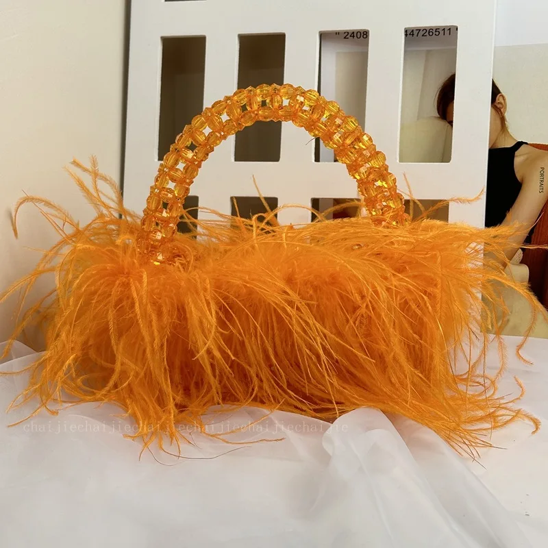 Pearl Bead Bag With Ostrich Feather Fur Designer Brand Clear Acrylic Crystal Stone Box Tote Handbag Women Handmade Party Purse 4