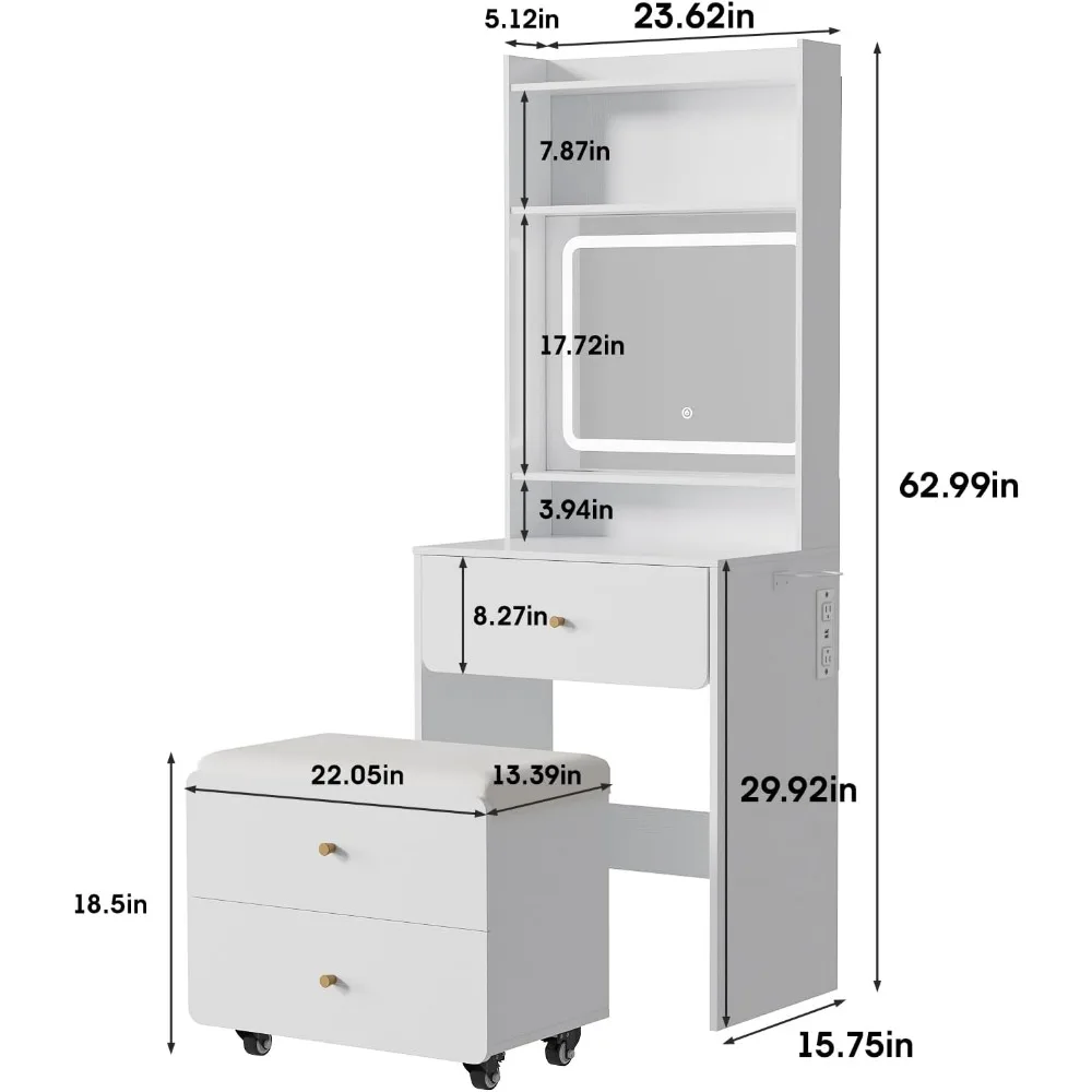 Make Up Vanity Desk with Mirror and Lights, White Vanity Table Set with Charger Station,Girls Small Vanity and Storage C 2