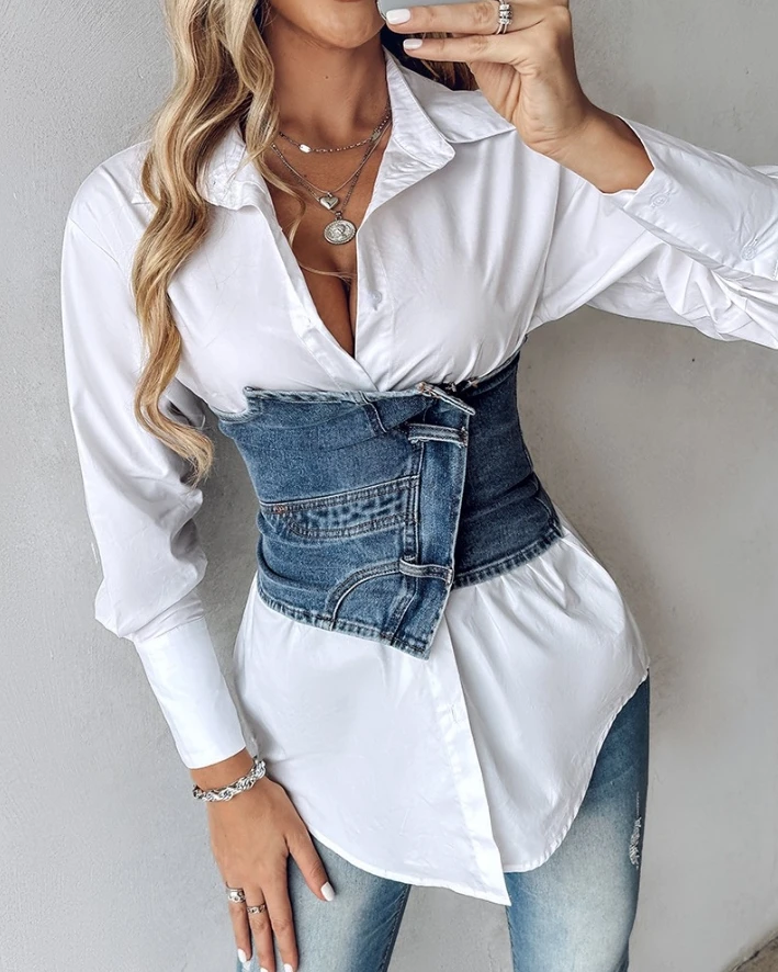 

Fashion Woman Blouse 2024 Spring Colorblock Buttoned Denim Patchwork Casual Turn-Down Collar Long Sleeve Skinny Daily Shirt Top