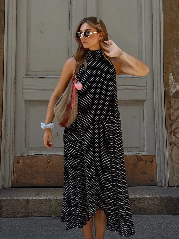 HH Sexy Halter Neck Bow Trim Women's Chic Vintage Polka Dot Casual