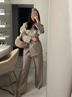 Elegant Lapel Lace Up Blazer Jacket Set Women Loose Solid High Waist Wide Leg Pants Suit 2024 New Fashion Office Lady Streetwear 1