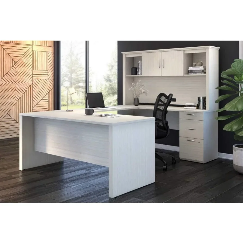L-Shaped Executive Office Desk with Pedestal and Hutch，Desk with 3 Storage Cabinets， Executive Office Desk 3