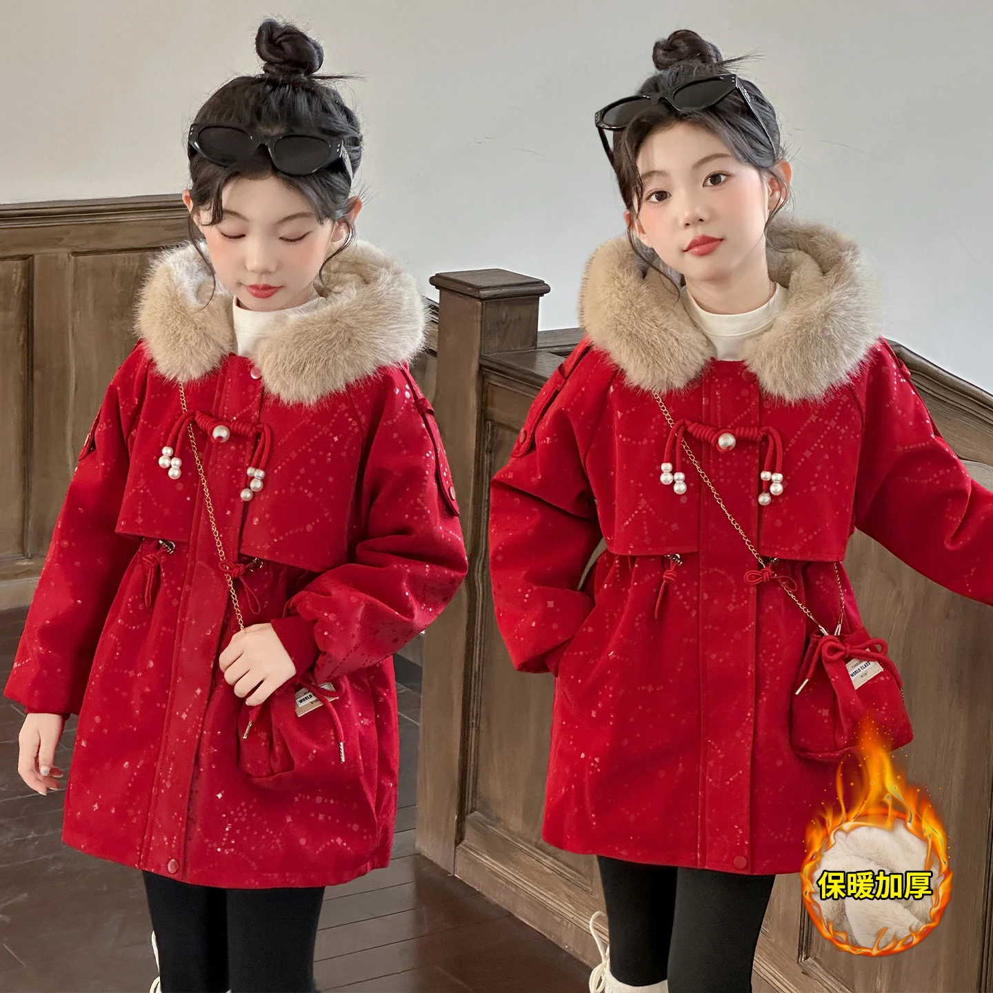 14세 소녀 겨울 반짝이 따뜻한 인조 모피 재킷 레트로 아우터웨어 PU 코트 두꺼운 벨벳 안감 주니어 키즈 오버코트+가방 파카