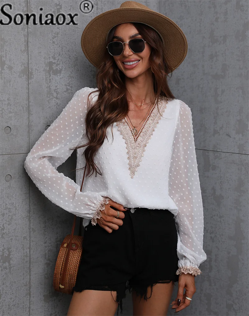 

2023 Autumn Chiffon Commuting Tops Women Elegant V Neck Splicing Lace Puff Long Sleeves Shirt Female Casual Daily Basic Blouse