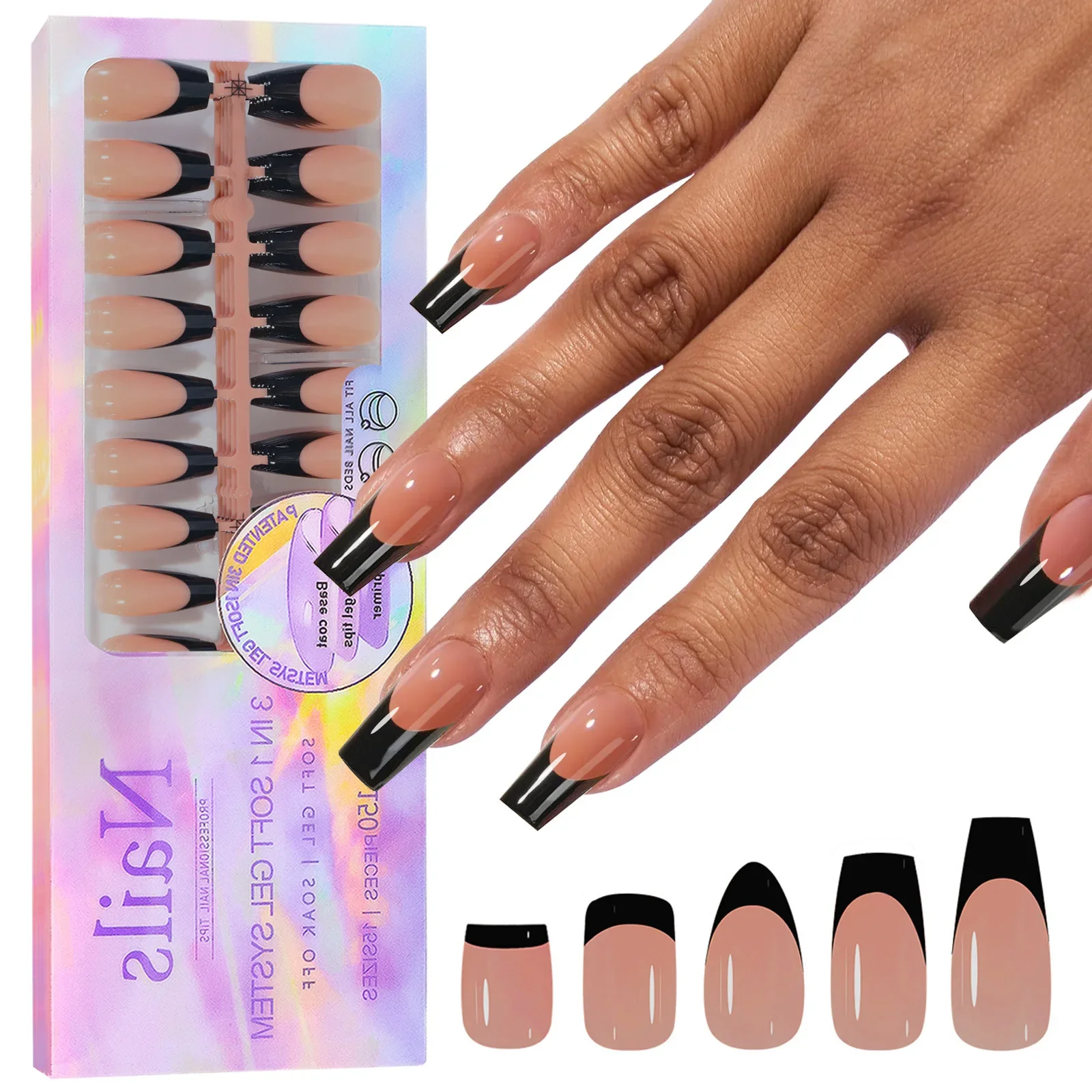 150pcs/box French Coffee Black False Nail Press On Acrylic Nails Almond Removable Nails Art Tools For DIY Manicure Design