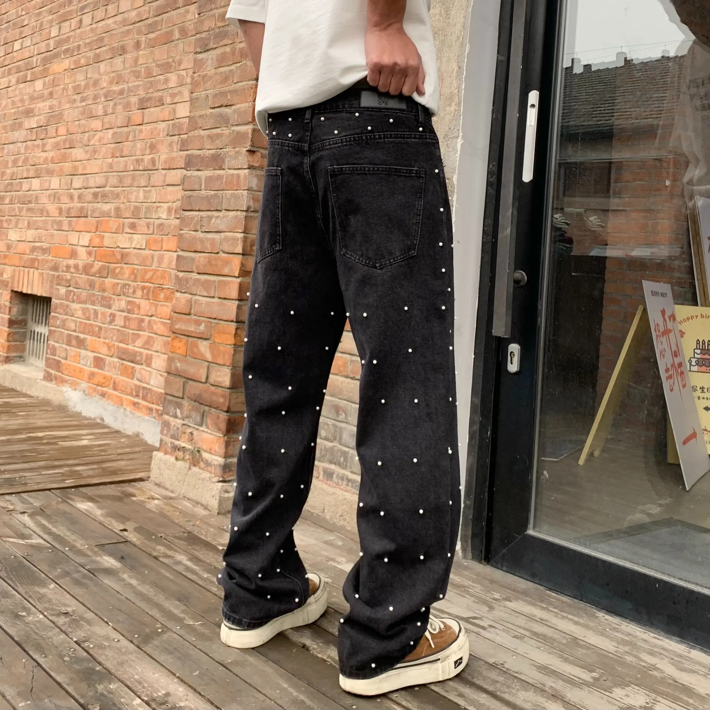 Pearls Black Wide Jeans Men Street Wear Mid Rise Heavy Weight Pants Man New Y2k Trousers 4