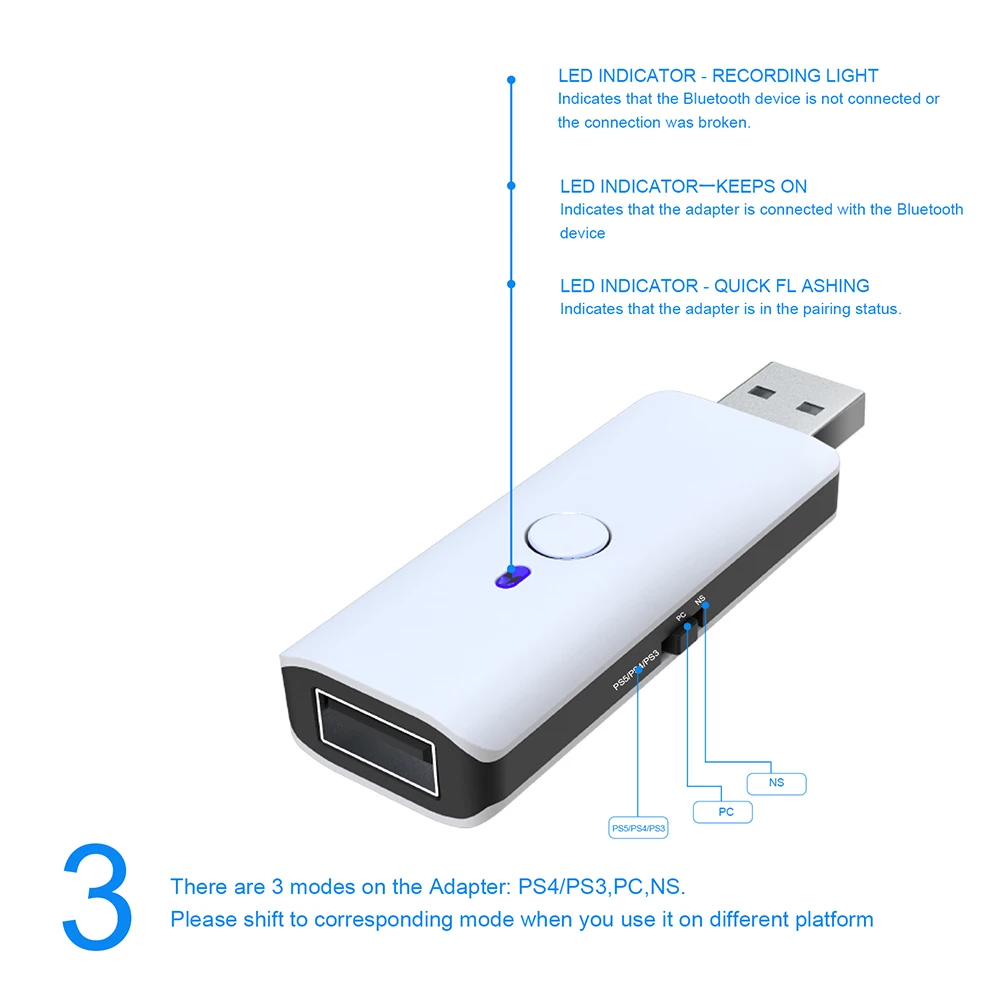 게임패드 무선 USB 어댑터, PS5, PS4, NS, P3 용, 블루투스 호환 컨트롤러 변환기, 게임 액세서리