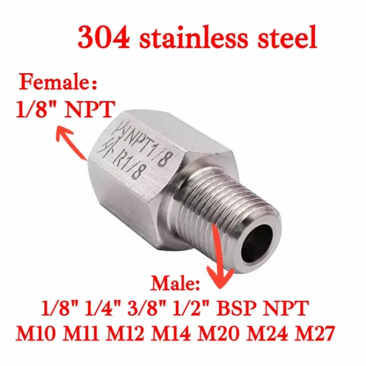 1/8" NPT Female To Male M10 12 1/8" 1/4" 3/8" BSP NPT Hex Reducer Bushing 304 Stainless Adapter High Pressure for Pressure Gauge, pipe fitting,water pipe fitting,hose pipe fitting,tee adapter