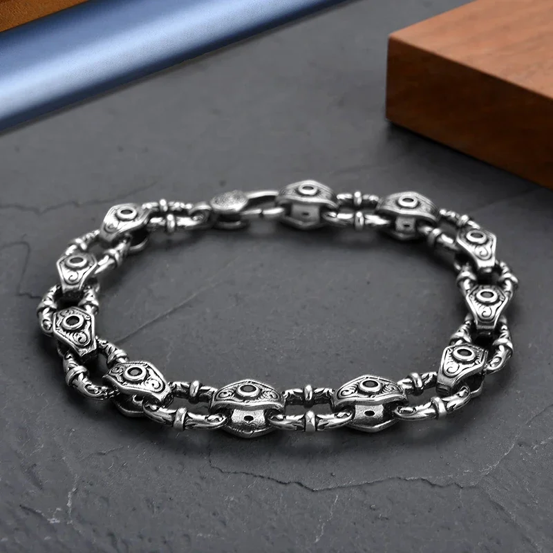 

Silver Color Trendy Men and Women's Rattan Grass Pattern Bracelet Retro Inlaid with Diamonds Old Hip-hop Punk Style