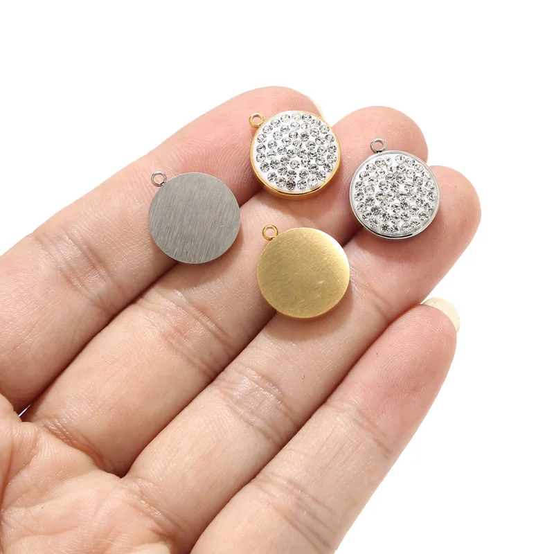 

5pcs Gold Plated Stainless Steel 14mm Charm Round Shiny Rhinstone Crystals Pendants For DIY Jewelry Necklaces Making Findings