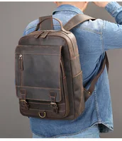 Crazy Horse Leather Backpack Men Brown Unisex Cow Leather 14" Laptop Rucksack Vintage Real Leather School Bag Durable Travel Bag 1