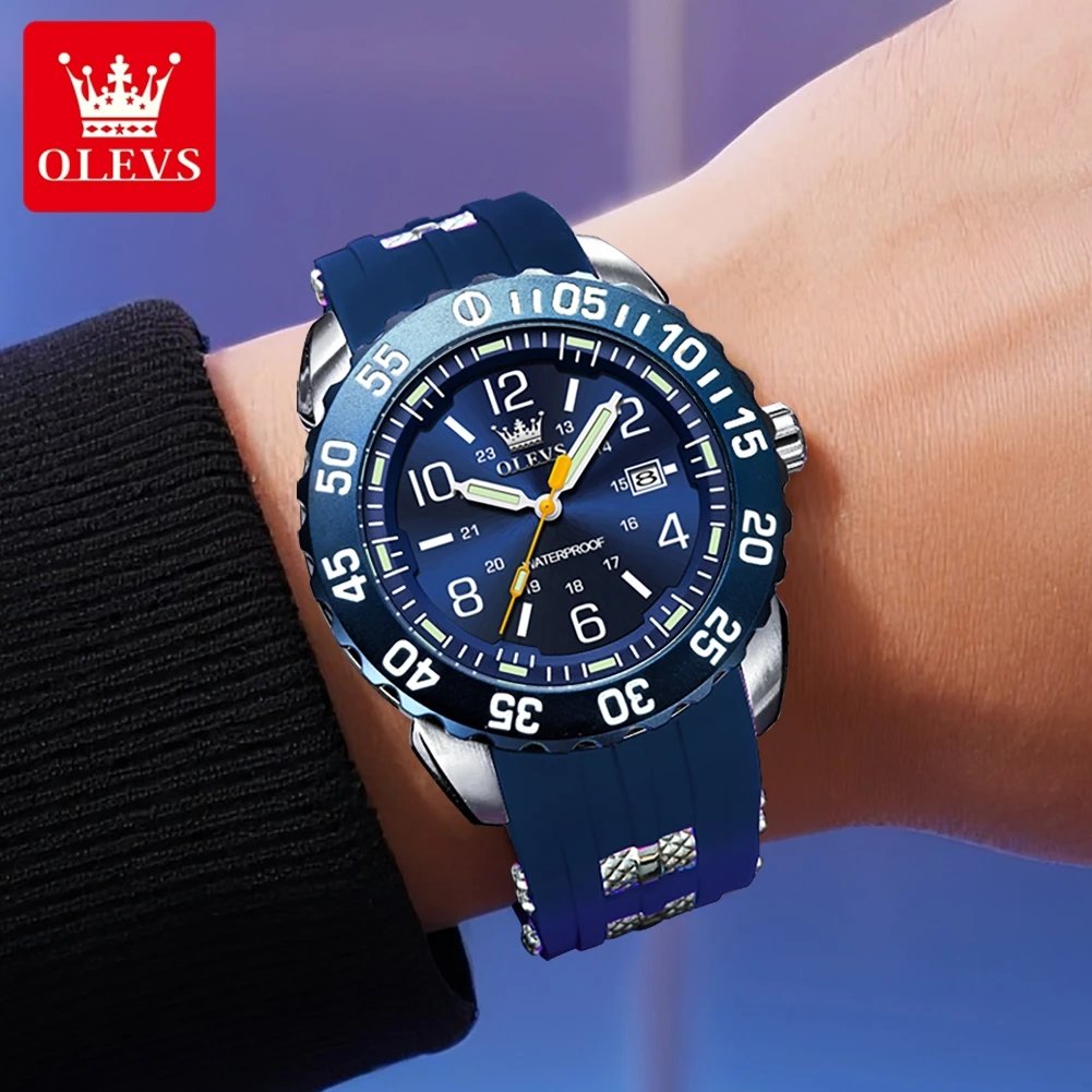 OLEVS 3688 Luxury Watches For Men Fashion Silicone Strap Quartz Man Watch 44mm Big Dial Waterproof Luminous Men's Sports Watches