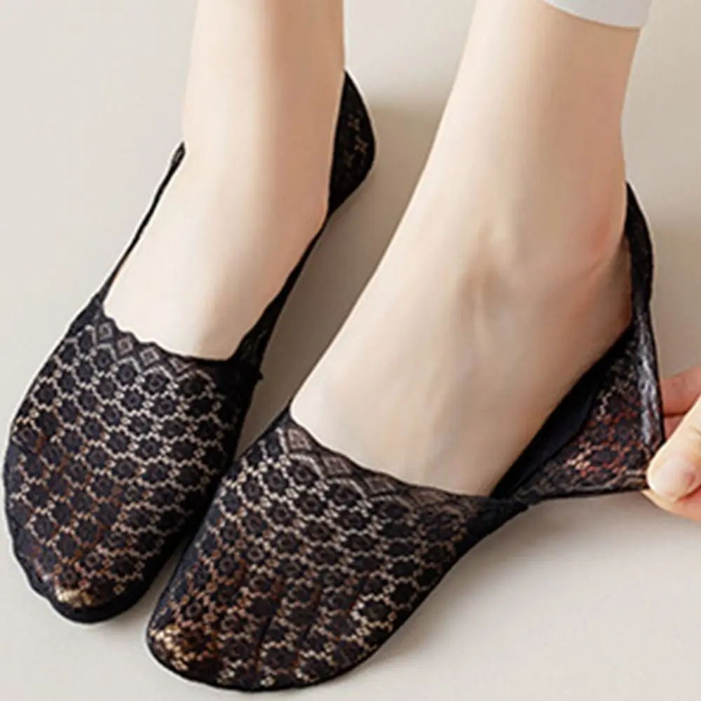 

Flower Lace Mesh Sock Slippers For Women Solid Color Breathable Invisible No Show Female Thin Boat Socks