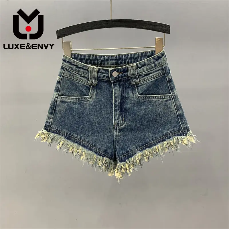 

LUXE&ENVY Blue Denim Shorts Edge Design Women's New High Waisted Slim Tassel A-line Wide Leg Hot Pants 2023 Autumn