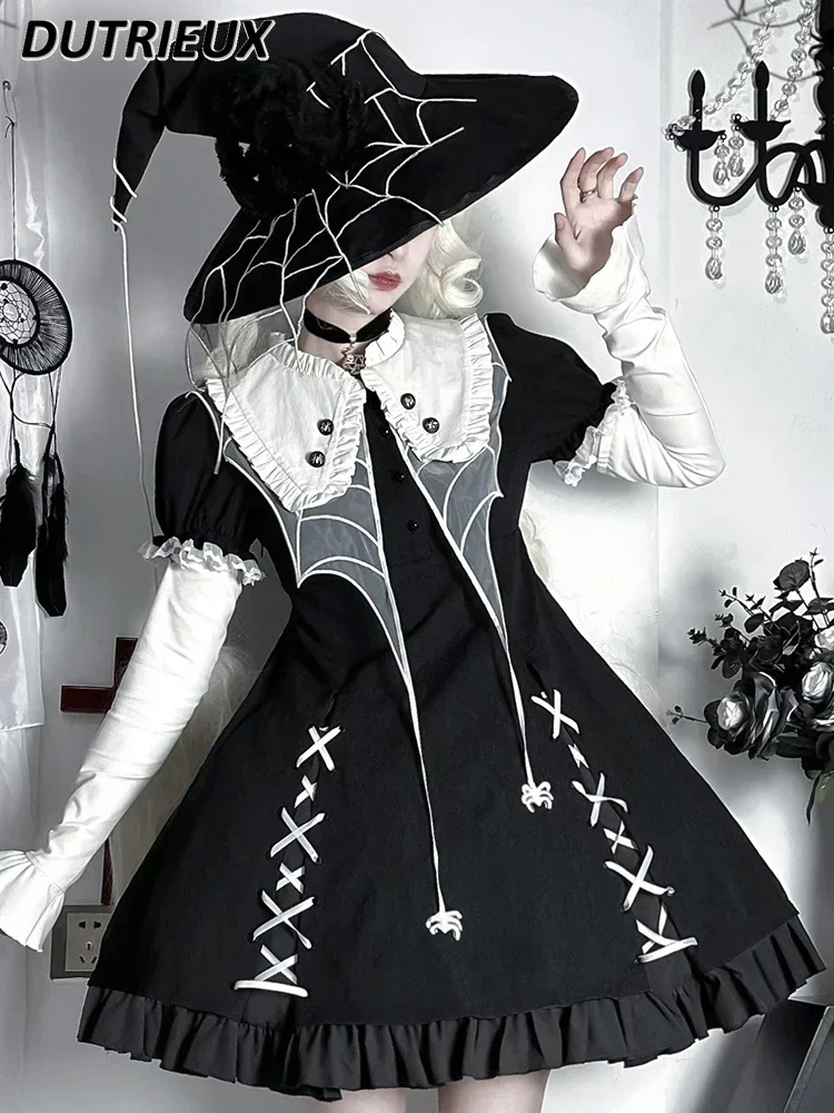 

Japanese Original Lolita Dress Daily Halloween Cos Clothing Maid Punk Dark Blacke Ruffled Pleated Dress Women New Autumn Vestido