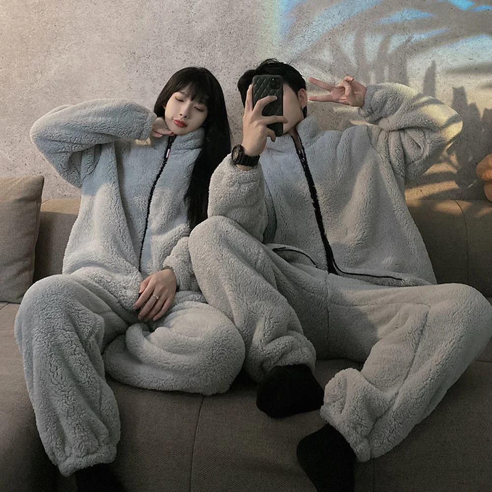 겨울 여성 코랄 플리스 홈웨어 수트 커플 긴 잠옷, 두꺼운 벨벳, 따뜻하고 부드럽고 편안한 잠옷 세트