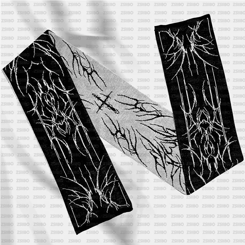 Winter Fashion creative Gothic striped knitted women's scarf men's Y2K scarf apron black tassel luminous Kpop women luxury