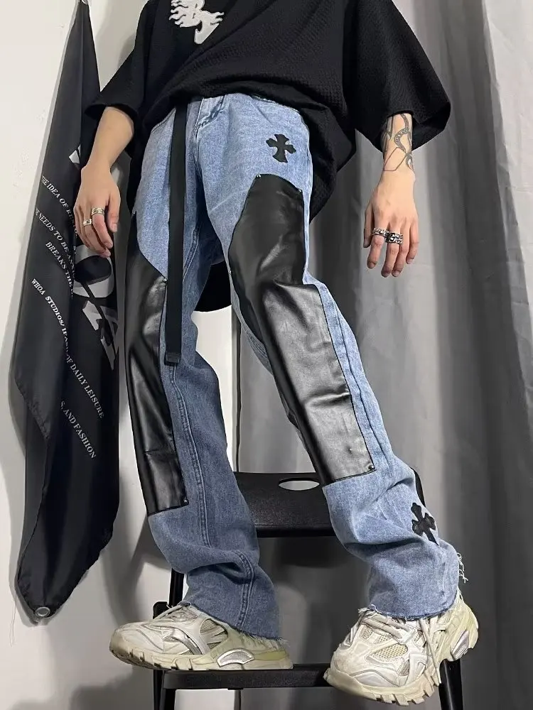 High Street Color Block Spliced Washed Jeans Mens Oversize Wide Leg Straight Denim Flare Pants Retro Loose Casual Trousers