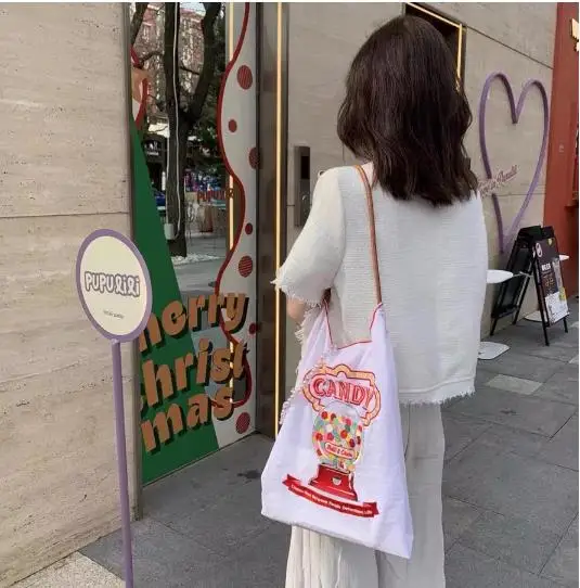 Japan Kawaii Drawstring Bag Pink Oxford Cloth Candy Ball Chain Larger Capacity Students Shoulder Bags Canvas Shopping Bag