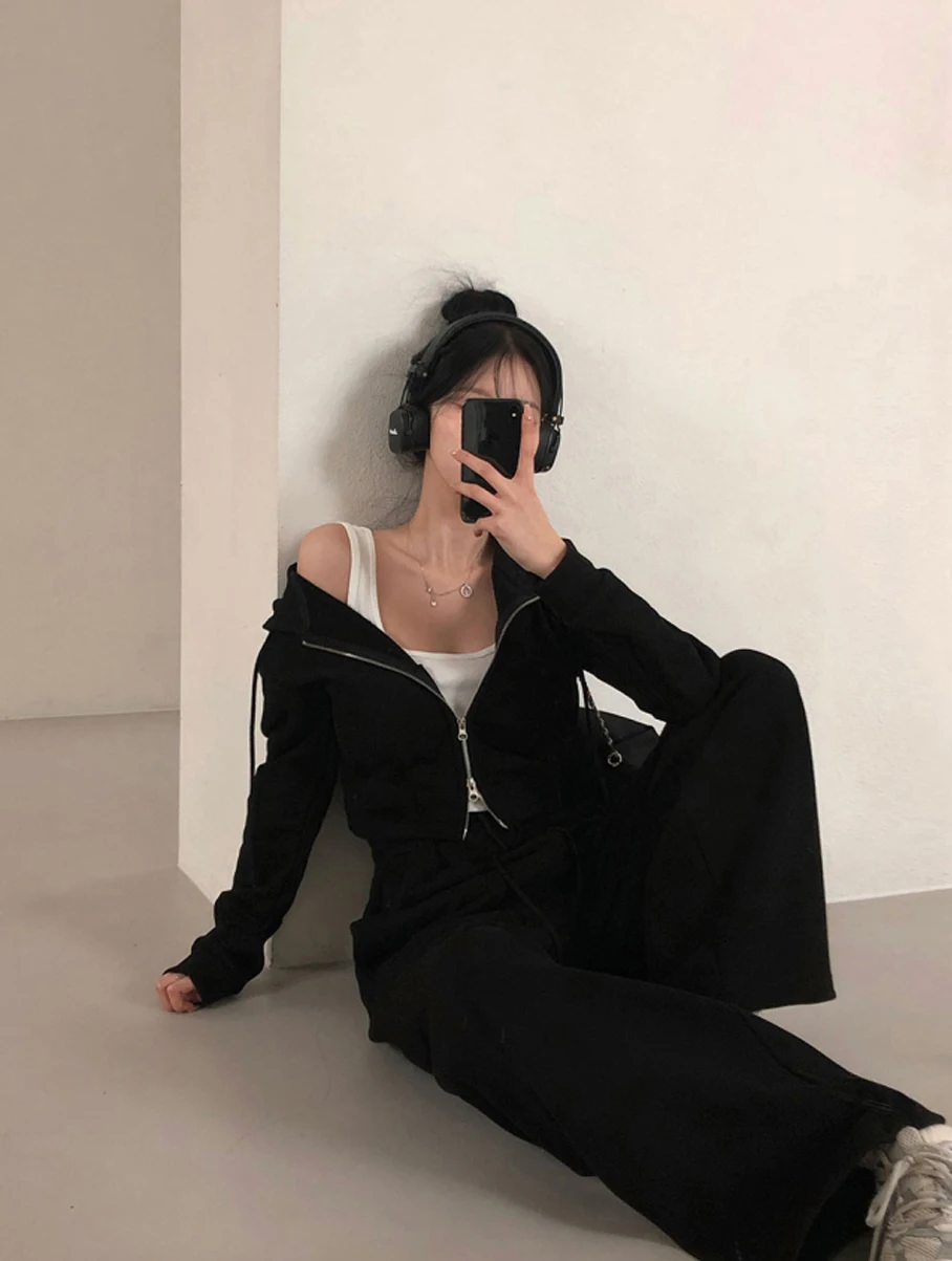 Korean Fashion Streetwear 2-piece Pants Set Women Tracksuit Autumn New Hooded Zip-up Crop Top Long Pants Casual Solid Outfits