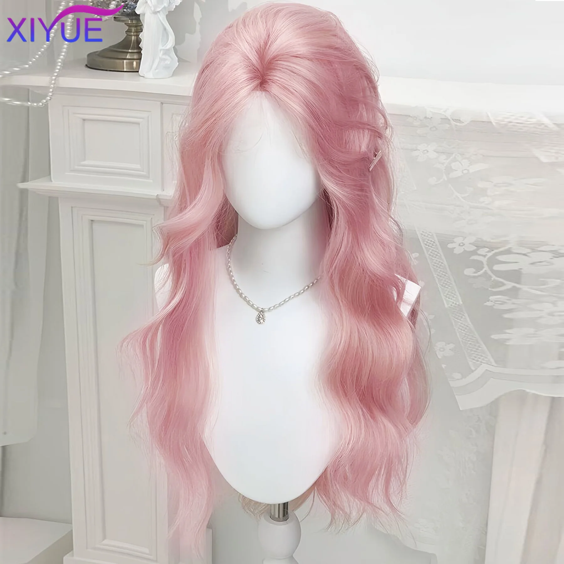 XIYUE  Light Pink Synthetic Hair Wigs Long Wavy Natural Hair Wigs with Bangs for Women Cosplay Lolita Wig Heat Resistant