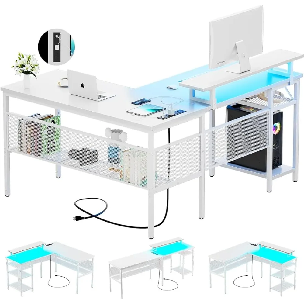 

Furniture for Room 55 Inch Reversible Computer Desk With Magic Power Outlet and Cool LED Light Office Desks L Shaped Desk White