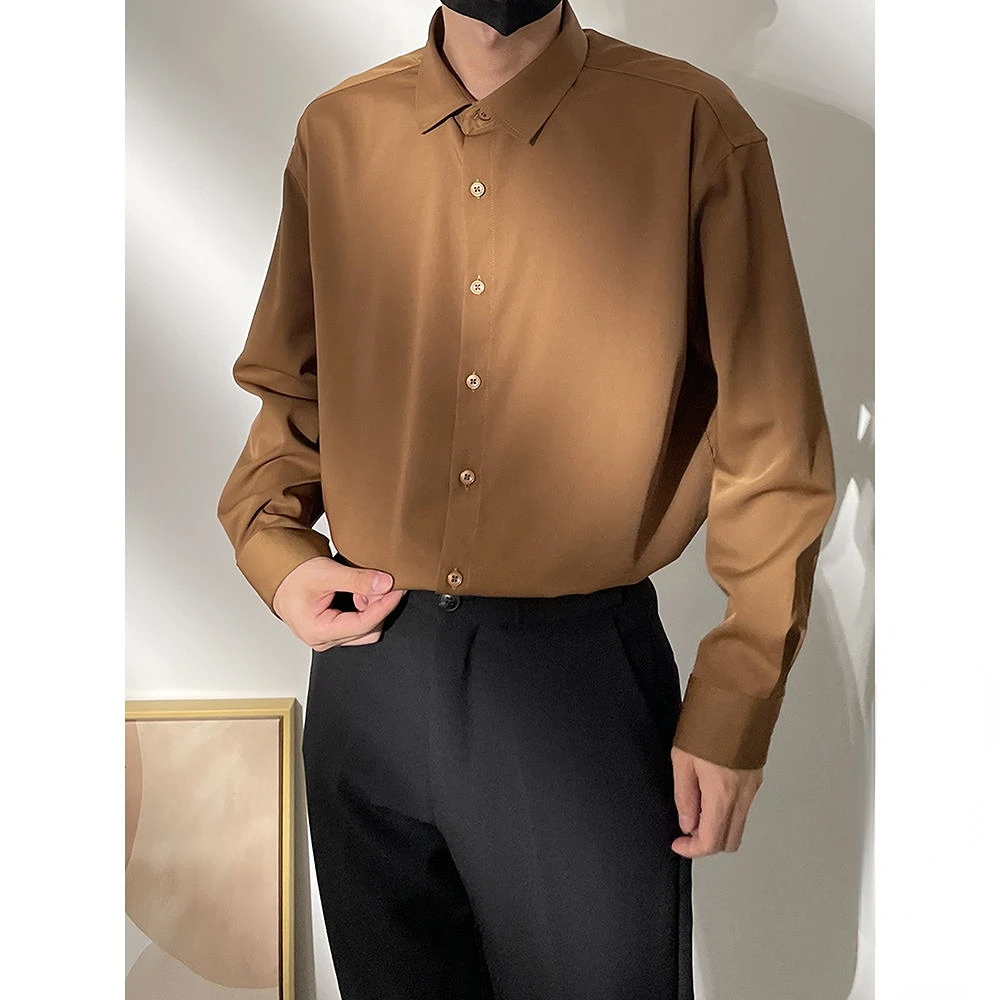 Spring New Senior Coffee Color Solid Long Sleeve Mens Shirts Korean Version Loose Chiffon Silk Shirt Men Casual Fashion Blouse mens zaful men s west coast los angeles letter embroidered fuzzy polar fleece kangaroo pocket pullover mask hoodie l coffee