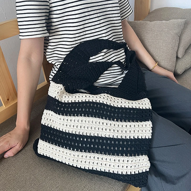 Hollow Out Tote Bag Shoping Bags Shoulder Bags Crochet Stripe Knitted Beach Bags Large Capacity Versatile Bags for Girl Women