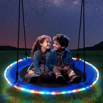 40” Saucer Tree Swing with LED Lights for Kids Adults Outdoor 2 Tree Hanging Straps-Blue, Bearing capacity of 700lbs Patio Swing 1