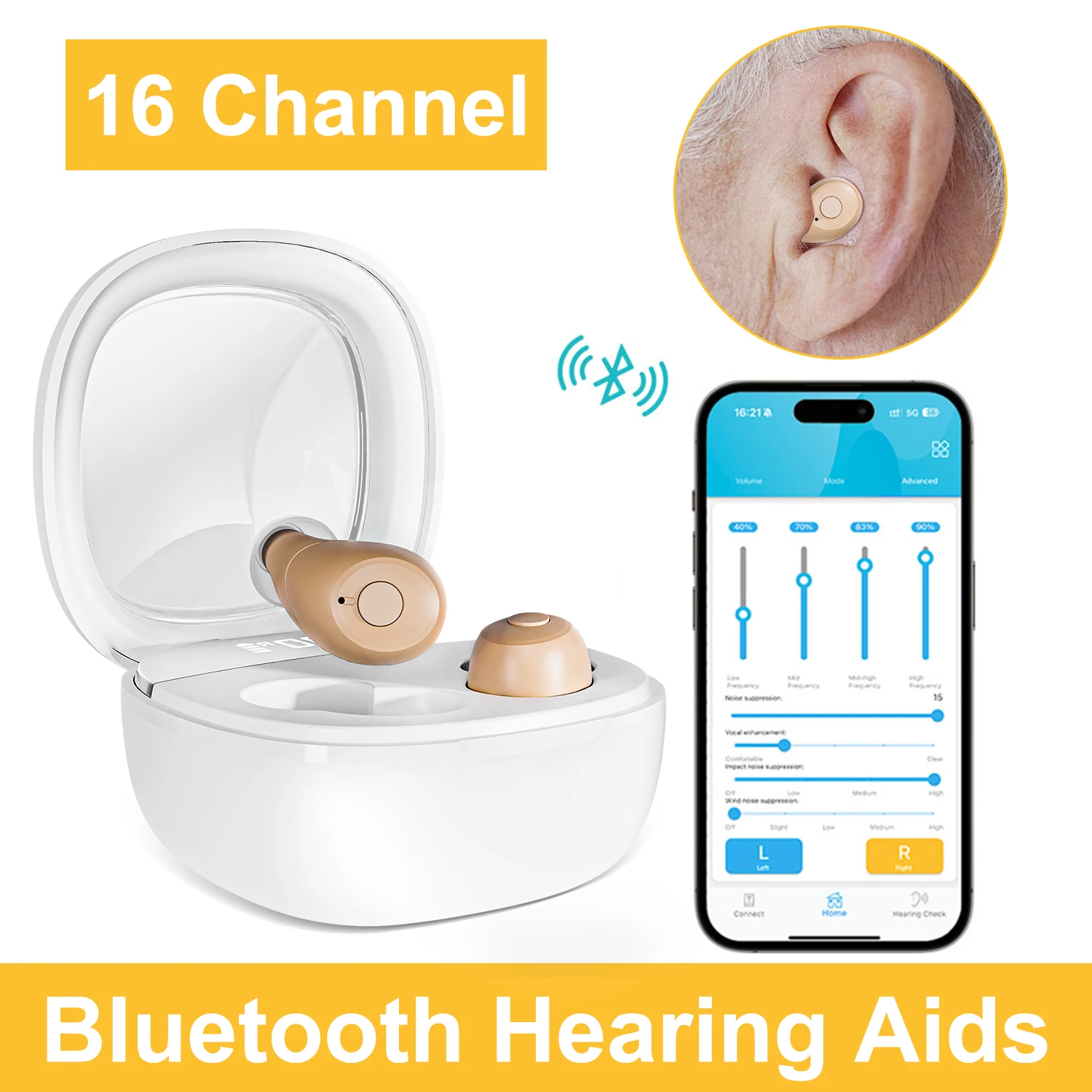 Rechargeable Bluetooth Hearing Aids For Deafness High Quality 16 Channels Sound Amplifier With APP Control Audifonos_voghion.com