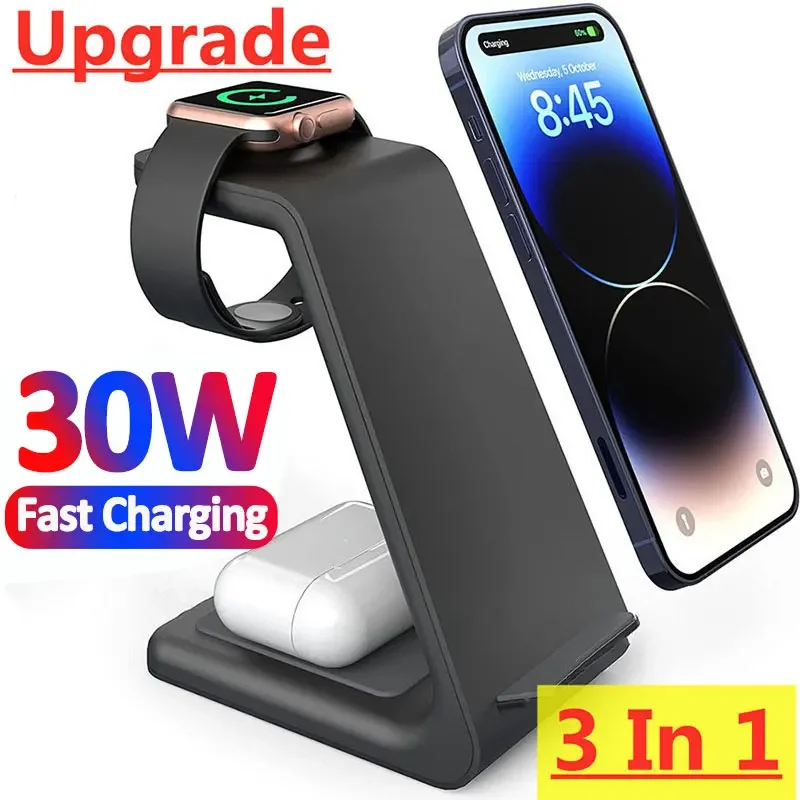 

30W 3 in 1 Wireless Charger Stand for iPhone 15 14 13 12 11 X XR Apple Watch 6 7 8 iWatch Airpods Pro Fast Charging Dock Station