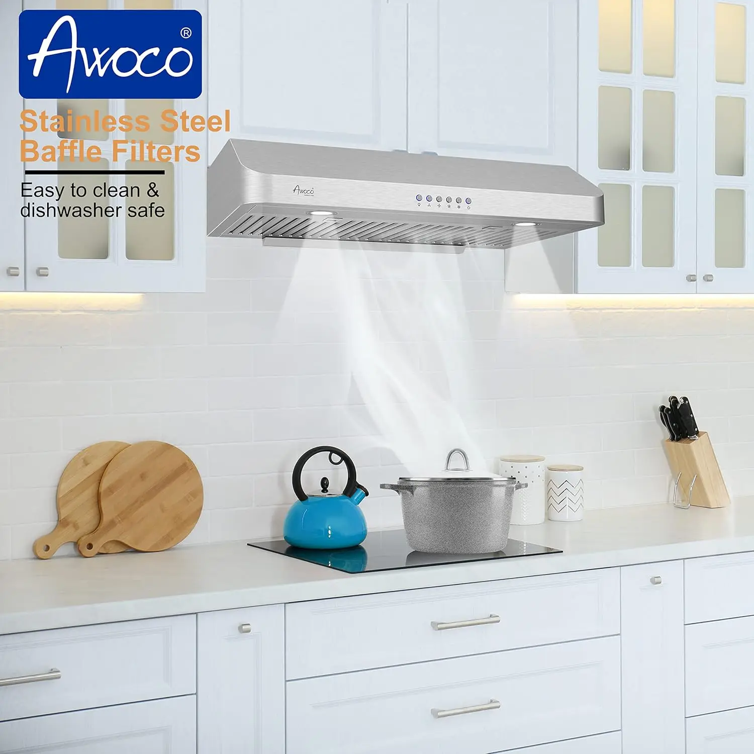Classic 6" High Stainless Steel Under Cabinet 4 Speeds 900CFM Range Hood with 2 LED Lights Top Vent (30"W Top Vent)