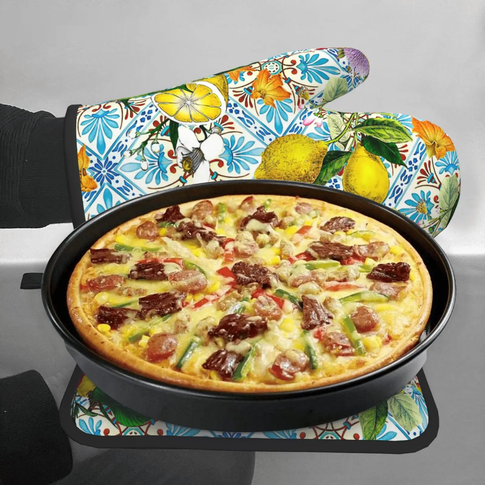 Lemon Oven Mitts & Pot Holders Summer Citrus Lemons Hot Pads with Non-Slip Heat Resistant Microwave Golves for Kitchen