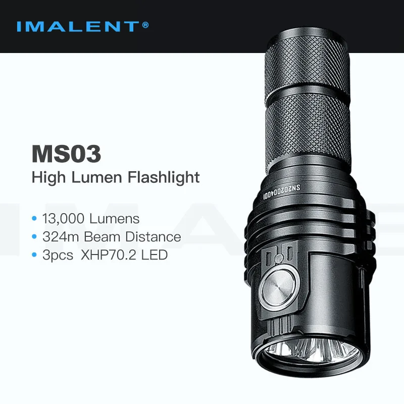 

Imalent MS03 High-Lumen Flashlight, 3pcs XHP70.2 LEDs,13,000 Lumens 324m Beam Distance, 21700 Battery, Compact, Portable