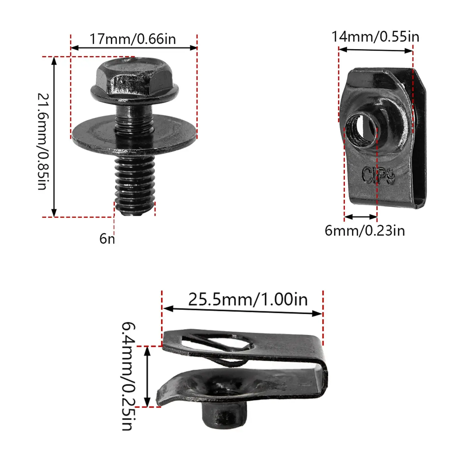 Auto Fasteners 6MM U-Clip Self-Tapping M6 Engine Hood Chassis Cover Protective Body Bumper Fender Lining Metal Screws