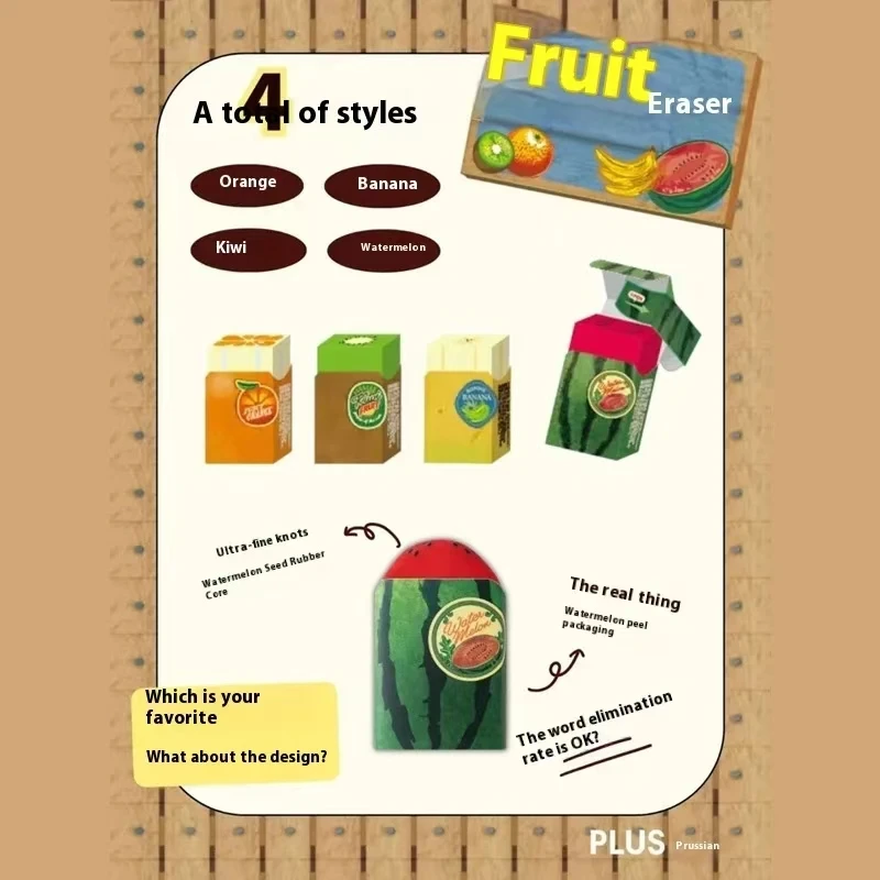Japan PLUS Fruit Eraser Cute Watermelon Banana Kiwi Orange Kawaii Stationery Pomelo Durian Dragon Fruit Bamboo