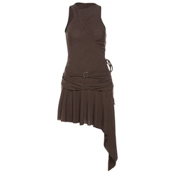 Sylcue Spring Elegant Sleeveless Pleated Dress - M (Brown)