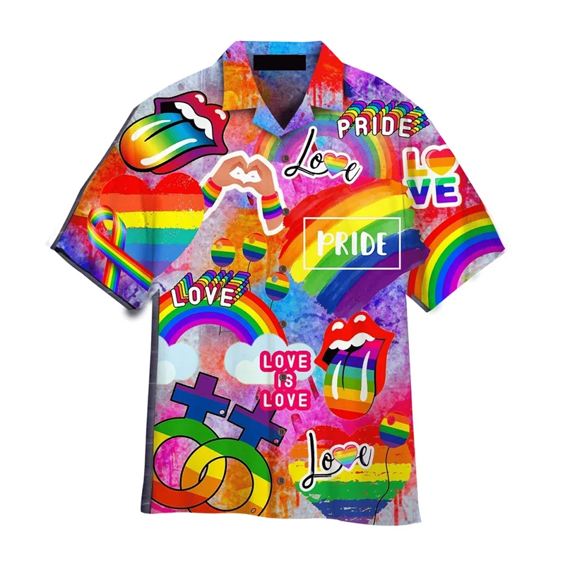 LGBT 게이 프라이드 하와이안 셔츠, 3D 프린트 셔츠, Love Is Love Love 라펠 반팔, Y2k 단추 블라우스, 여름 스트리트