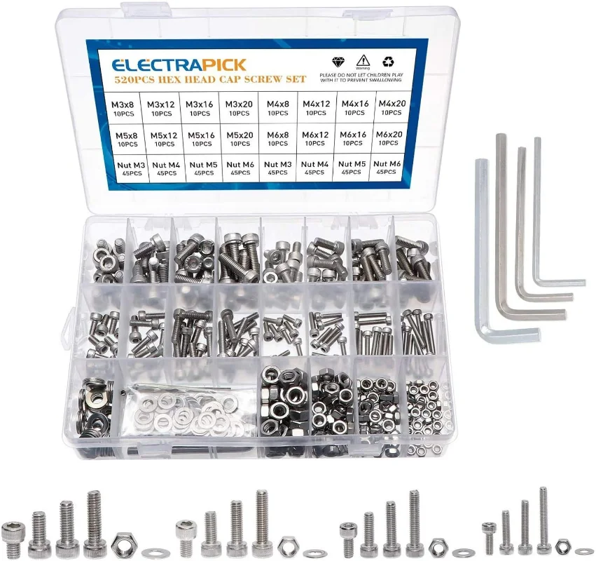 

520 шт. M3 M4 M5 M6 винты с шестигранной головкой из нержавеющей стали метрические винты с гайками плоские шайбы мужские гаечные ключи