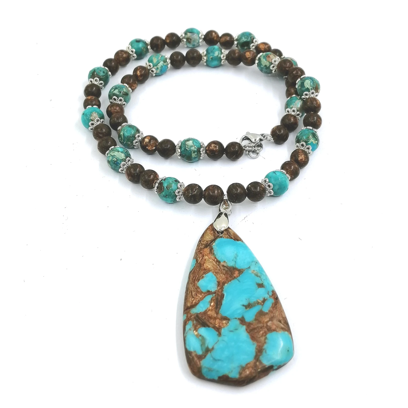 Factory Store Trendy Regenerate Turquoise with Bronze 6-8mm Beads Necklace with Quadrangle Pendant for Woman Man Daily Wearing 2